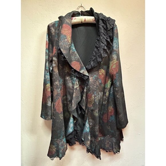 Italian Rossi Roma Womens Floral Lace Ruffle Trim Coat Jacket Black Silk Blend - Picture 1 of 9